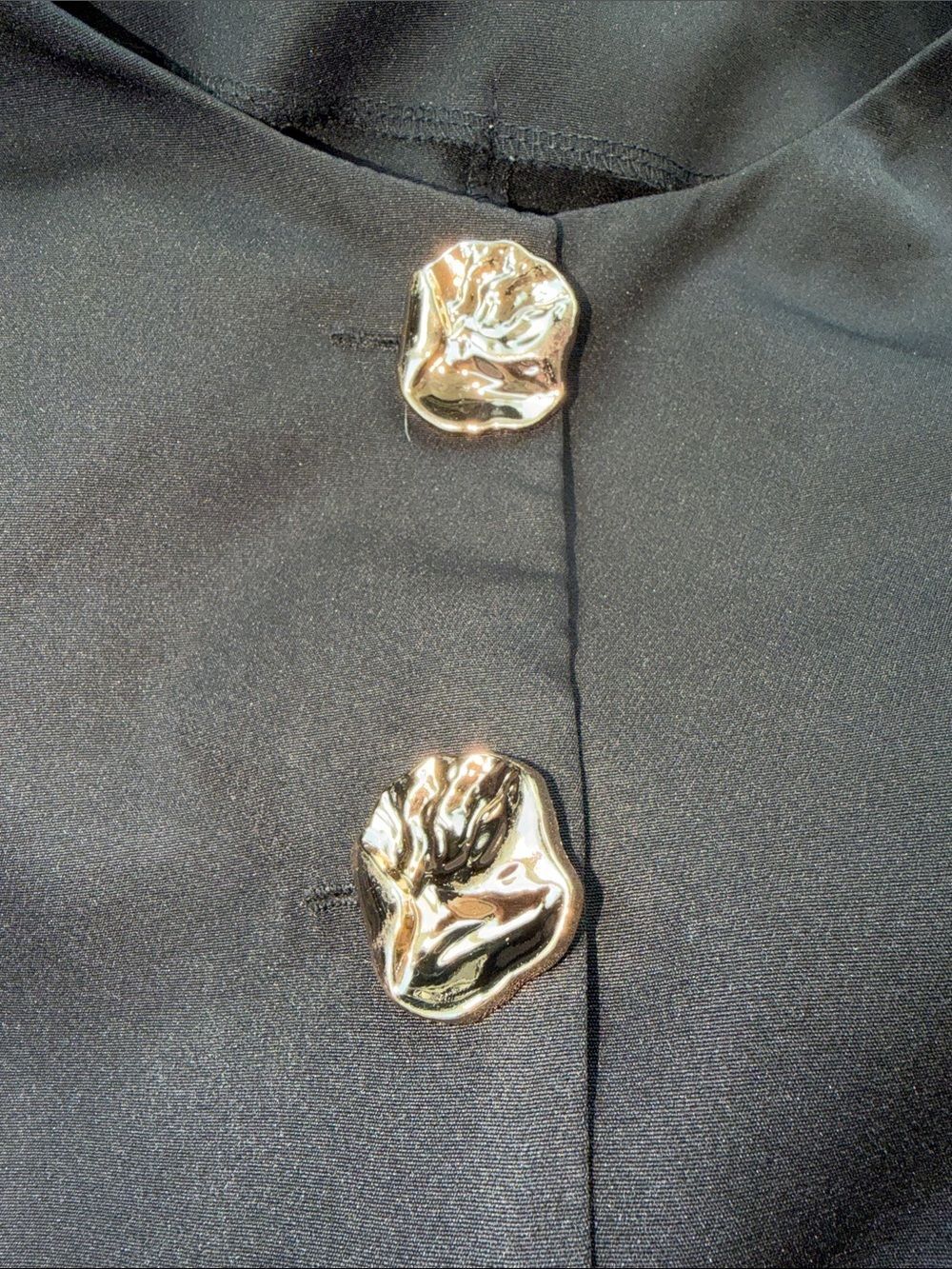SHEIN M Elegant Black Gold Tone 3D Buttons Pleated Double Ruffle Sleeve Top